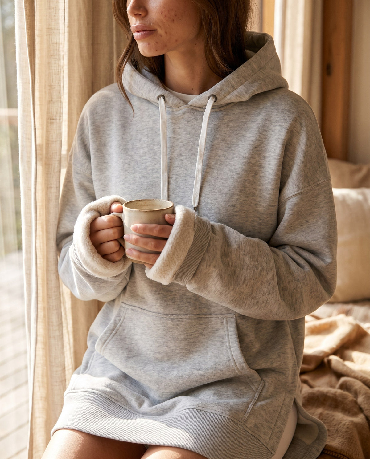 Sleeve of the heather grey hoodie dress folded back to show the blanket-soft brushed fleece inside