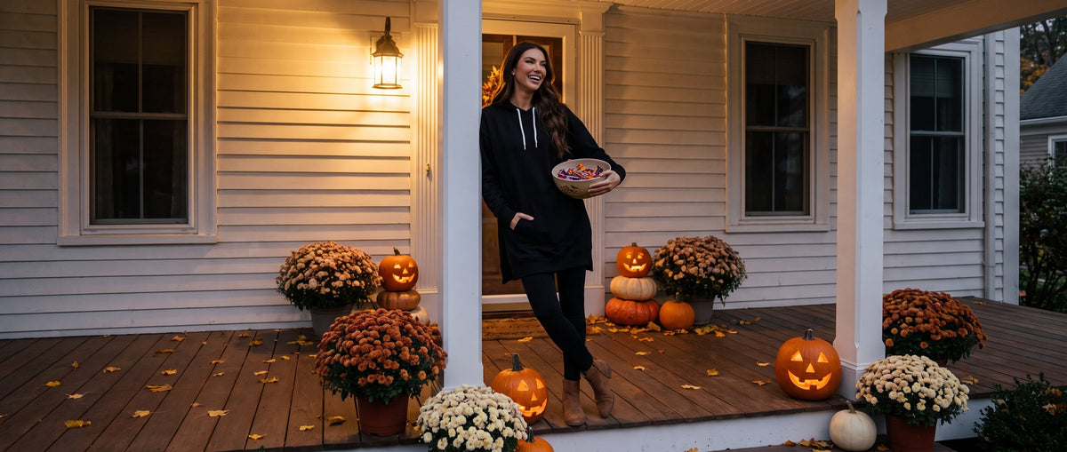 Woman in the black Junemae oversized hoodie dress handing out Halloween candy on a porch lit by jack-o-lanterns
