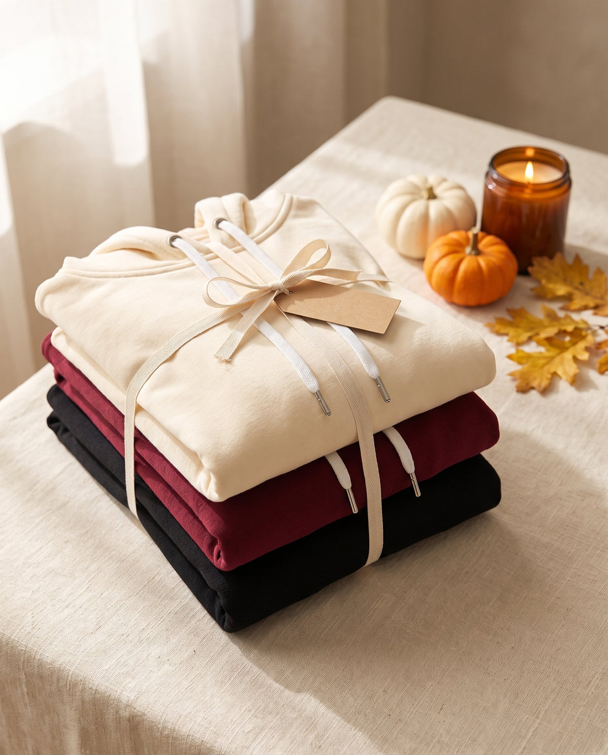 Three folded Junemae hoodie dresses in black, burgundy and cream tied with a ribbon next to small pumpkins