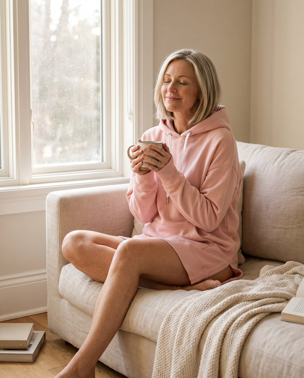Blush pink hoodie dress worn at home on the sofa with a cup of coffee