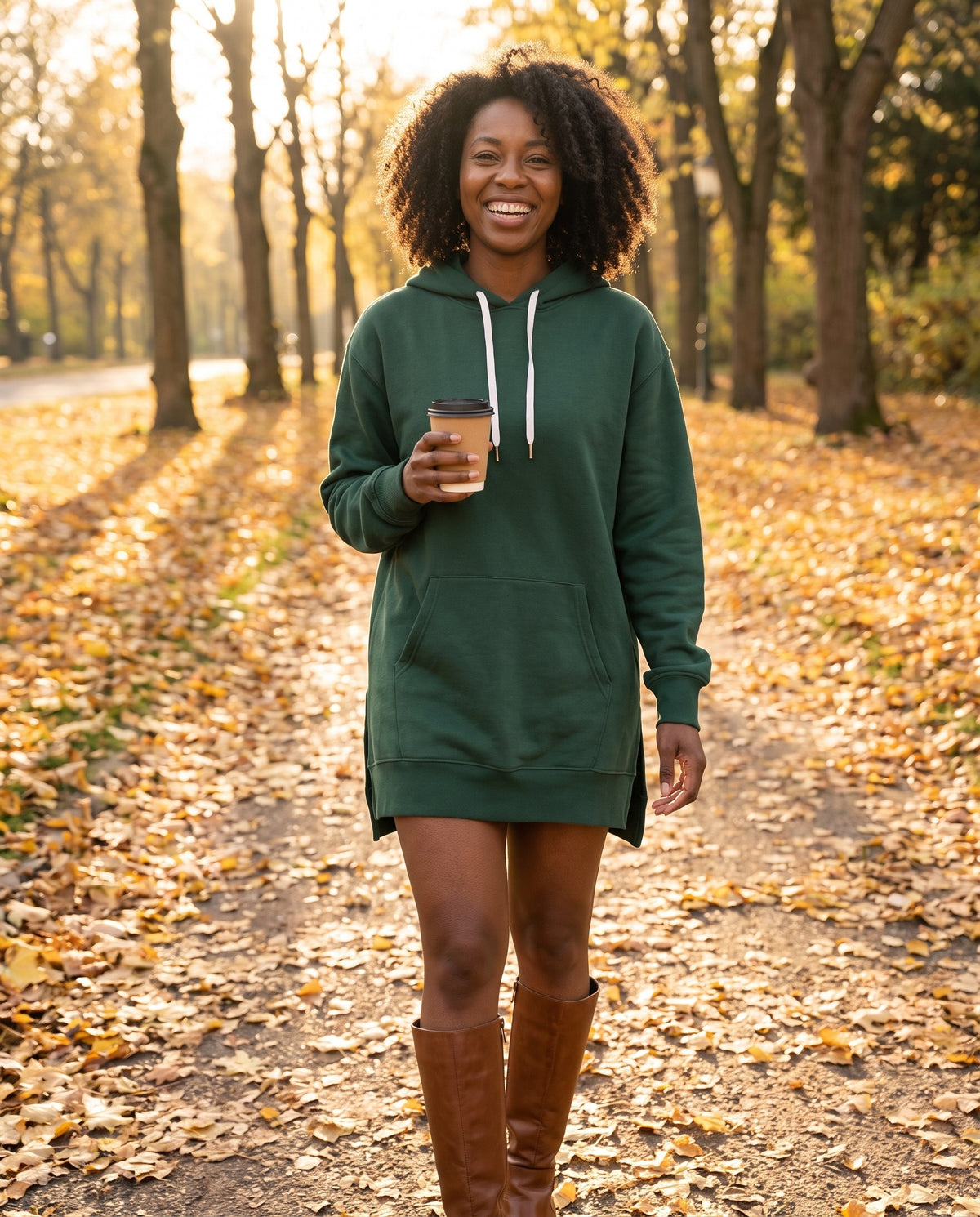 Forest green hoodie dress styled with brown knee-high boots in an autumn park