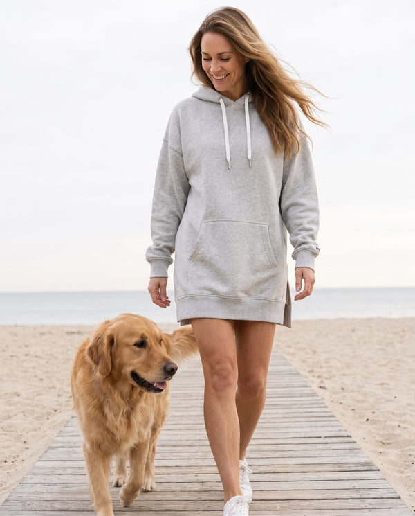 Heather grey hoodie dress worn on a beach walk with a golden retriever
