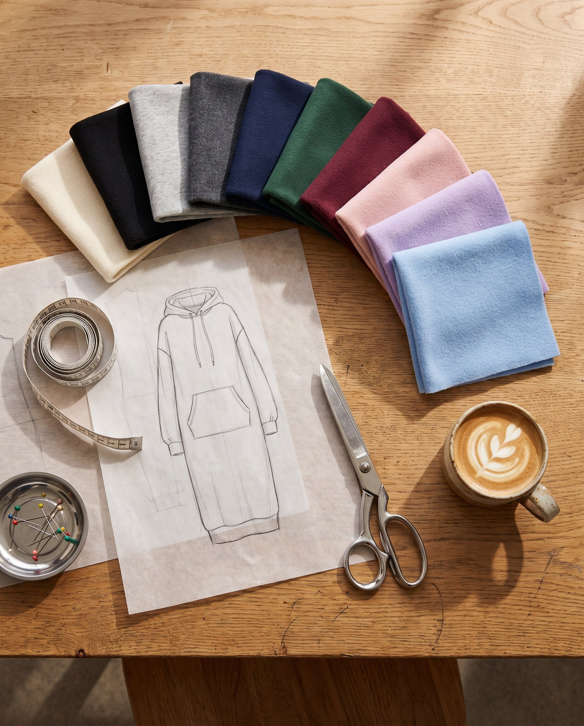 Fleece swatches in ten colors next to a sketch of the Junemae hoodie dress