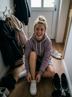 Ines wearing the lavender hoodie dress