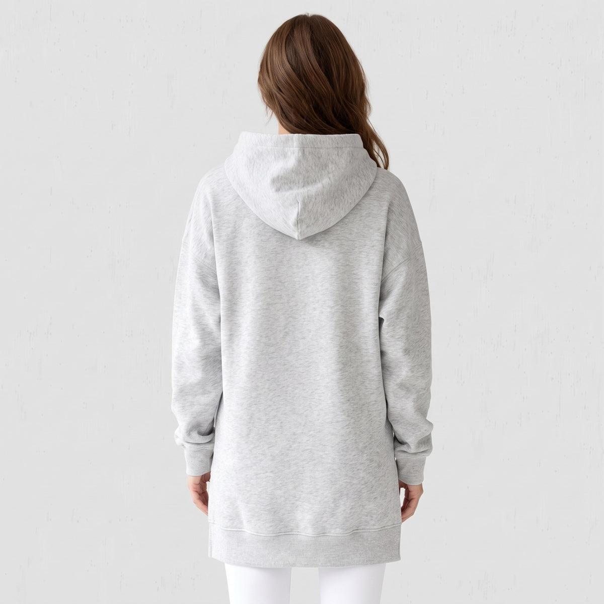 Back view of the heather grey hoodie dress showing the mid-thigh length