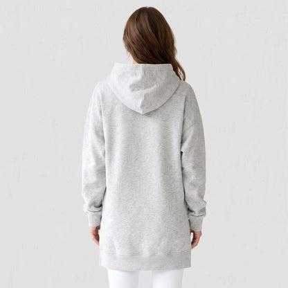 Back view of the heather grey hoodie dress showing the mid-thigh length