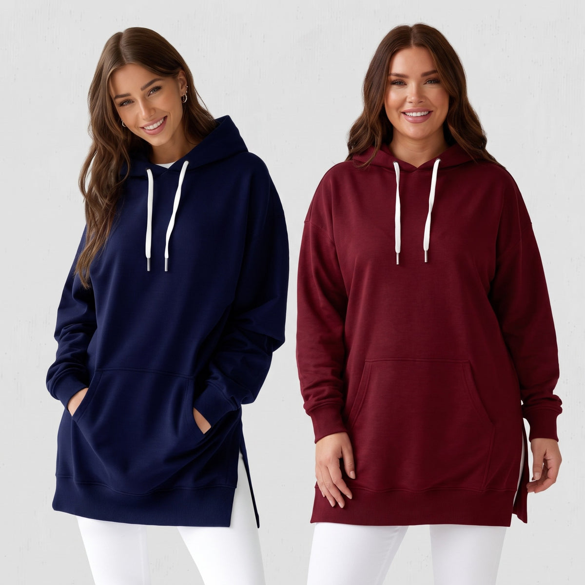 Two women wearing the hoodie dress in navy and burgundy, available in sizes S to 3XL